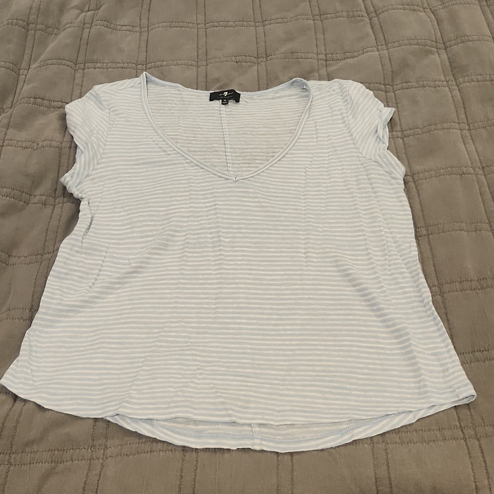 7 for all mankind linen striped baby blue and white boxy v-neck t-shirt size M